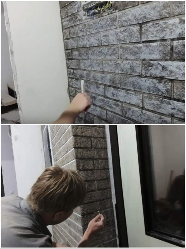 На готовую стену молодой человек нанес 3 разных цвета краски и прорисовал швы. | Фото: youtube.com/ © #Твойдом.