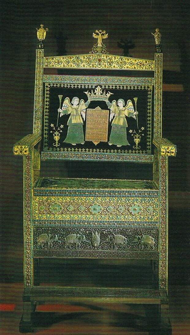 Алмазный трон царя Алексея Михайловича. Иран, 1659 год. Золото, серебро, драгоценные камни, жемчуг, литьё, чеканка, резьба, басма, лак миниатюра