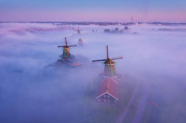 Ветряные мельницы в тумане.