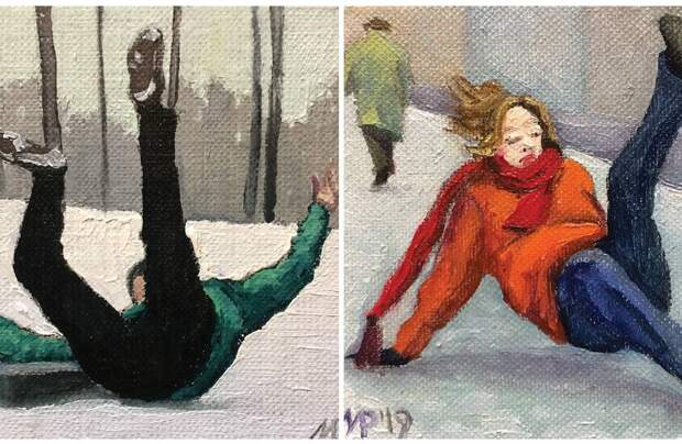10 картин художника, рисующего падающих на гололеде петербуржцев: зачем он их написал
