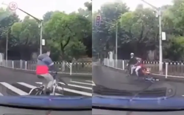 Счастливчик: велосипедист не пострадал в аварии, ловко пересев на мопед