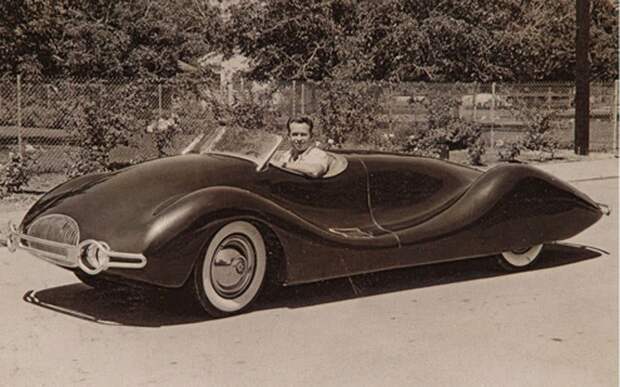 Buick Streamliner от конструктора Нормана Тимбса (Norman E. Timbs) (1940). Изготовлен кустарным способом, назван Бьюиком, т.к. в авто двигатель этой марки автомир, аэродинамика, из прошлого, конструкция, обтекаемость. формы