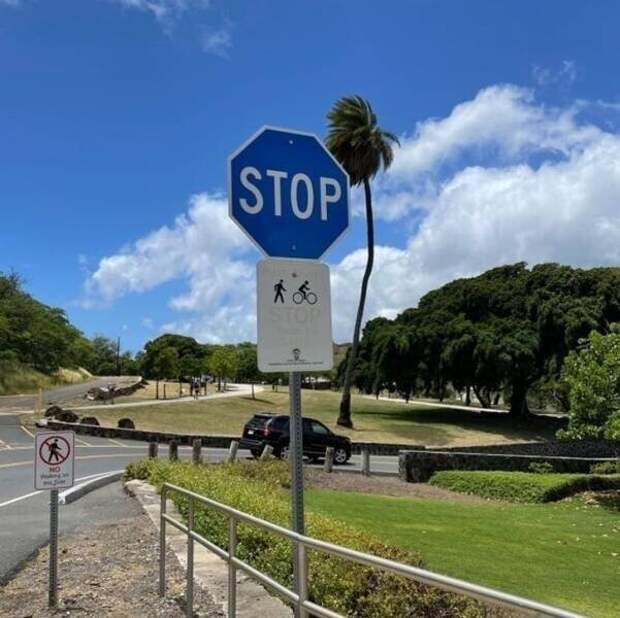 На Гавайях дорожный знак STOP  - не красного, а синего цвета