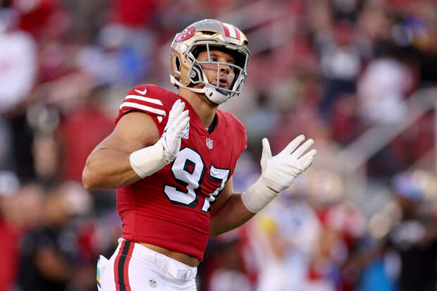 Nick Bosa shrugging shoulders