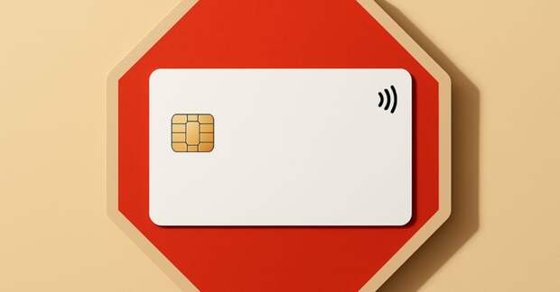 A generic white credit card on top of a stop sig with beiger background.