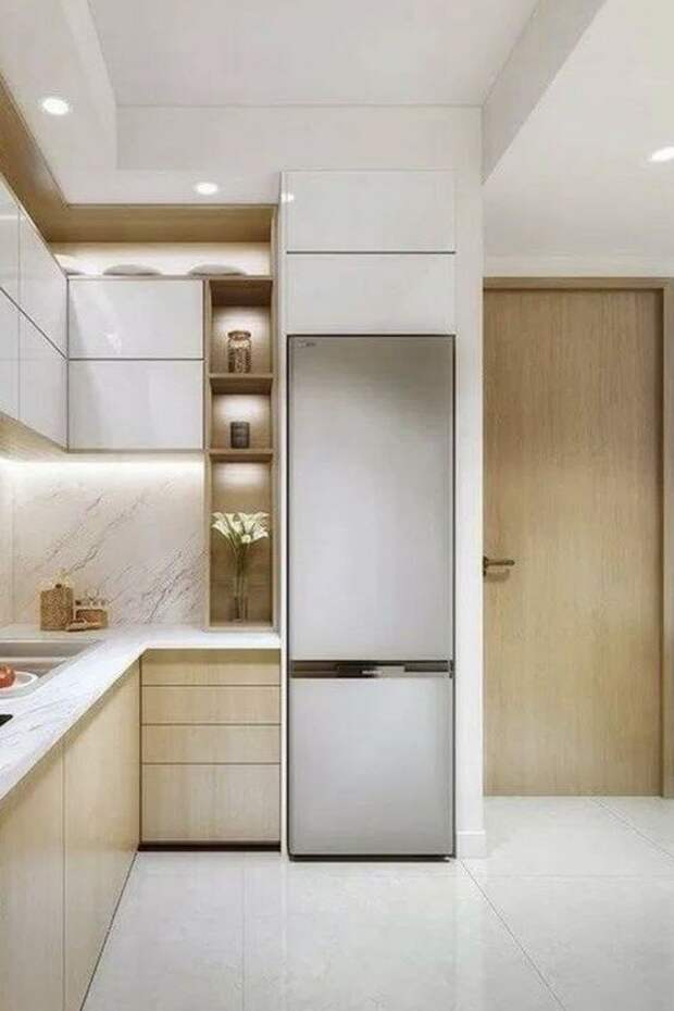 Холодильник, "встроенный" в кухню (рендер). Источник: Pinterest. Соответствие моделям Первой мебельной: ДУЭТ и СИНГЛ