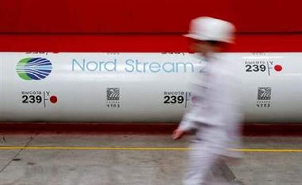 FILE PHOTO: The logo of the Nord Stream 2 gas pipeline project is seen on a pipe at the Chelyabinsk pipe rolling plant in Chelyabinsk, Russia, February 26, 2020. REUTERS/Maxim Shemetov/File Photo