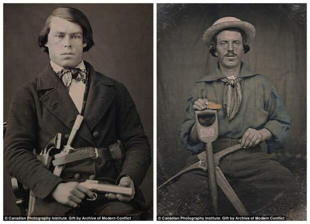 В Калифорнию тогда стекались самые разные люди - и такие, как мужчина слева, позирующий с пистолетами и ножами, и такие, как старатель Дэниэл Дж. Батлер, у которого в руках огромный золотой самородок 19 век, архивные снимки, архивные фотографии, золотая лихорадка, золотодобыча, калифорния, раскрашивание, чёрно-белые фото