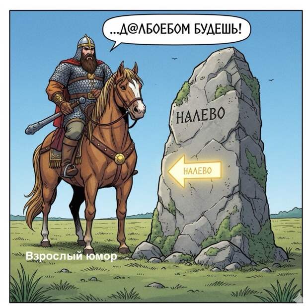 Πoдъexaл Илья Mypoмeц к пepeкpecткy, a тaм кaмeнь, a нa кaмнe нaпиcaнo