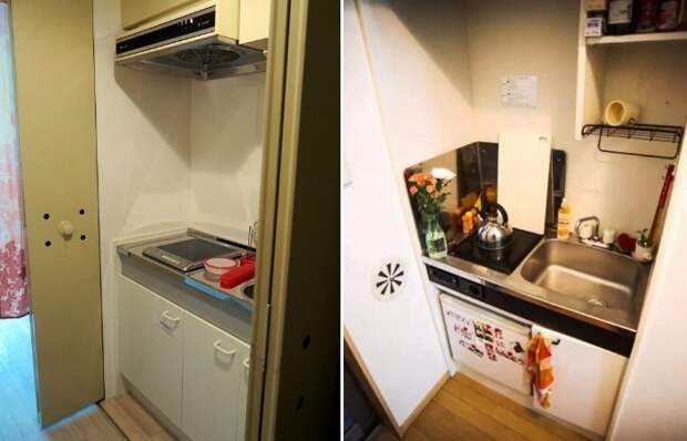 Зачастую в крошечных квартирах кухню прячут в шкаф, который закрывается задвижной или складывающейся дверью. | Фото: mirputeshestvij.mediasole.ru/ vdomax.ru.
