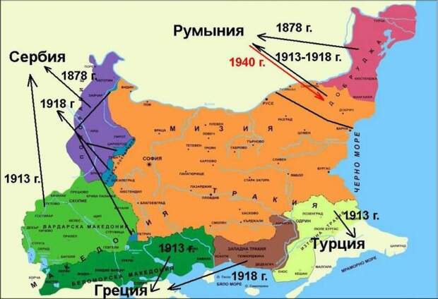 Вот такой была изначальная Великая Болгария, созданная некогда Россией. На карте показаны территории, которые Болгария потеряла, связавшись со своими новыми друзьями немцами