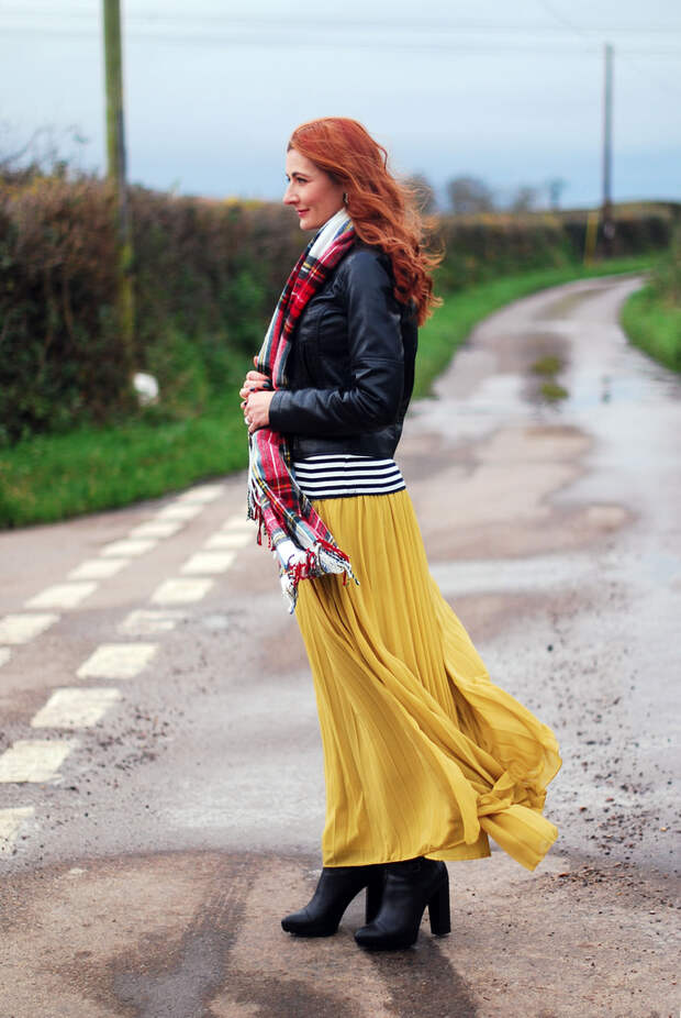 Biker jacket with tartan scarf and yellow maxi skirt