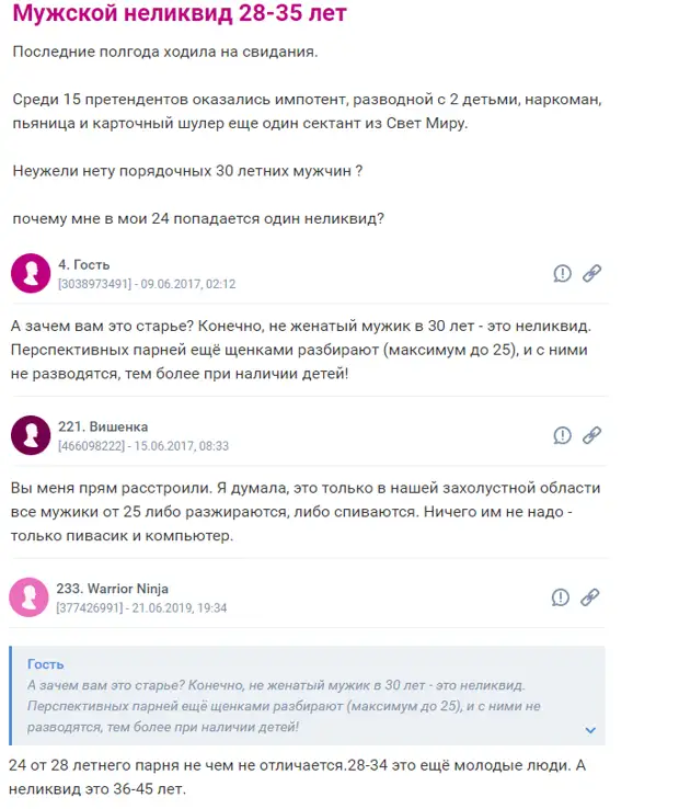 Как вы видите, на одном из крупнейших женских форумов возникают жаркие разговоры о том, что одинокий мужчина от 28 и старше 35 лет, которого в молодости "не разобрали женщины" давно считается "неликвидом". И это далеко не все комментарии, коих там было свыше сотни.