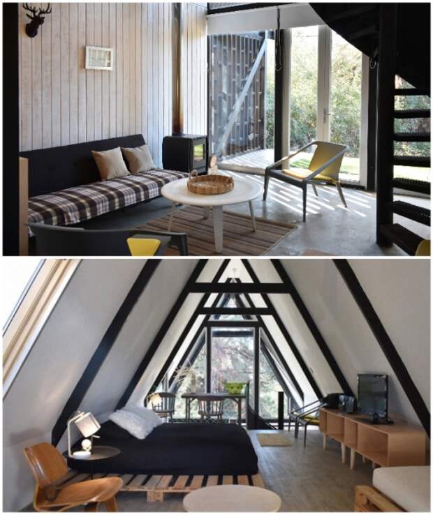 Интерьер гостиной и спальни в оригинальной лесной хижине Casa R от чилийского архитектора Филиппе Лагоса.