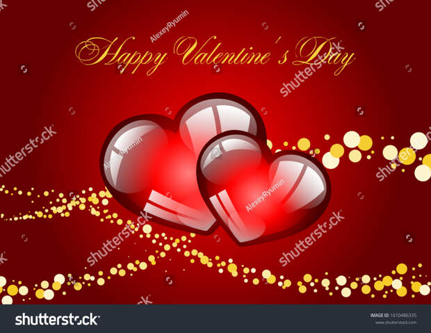 Happy Valentines Day calligraphic lettering on red background with two hearts vector template.