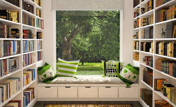 Usual window seat library reading nook