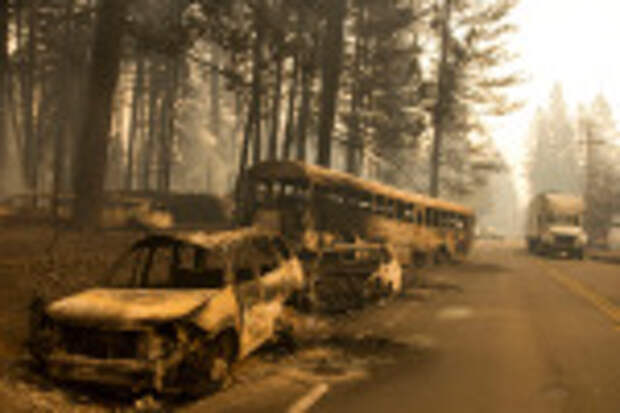 Abandoned cars from fleeing residents of the Magalia and Paradise Pine area, line Skyway road the day after the start of the Camp Fire that continues to burn out of control through the region, fueled by high winds in Butte County, California, USA, 09 November 2018. The nearby communities of Pulga, Paradise and Concow, have been ordered to evacuate the area. Butte County wildfire and evacuations, USA - 08 Nov 2018