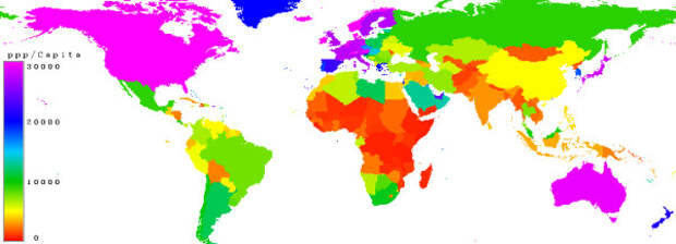 карта мира с уровнем дохода населения различных регионов
