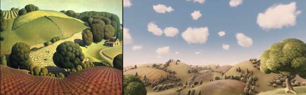 Картина американского художника Гранта Вуда «Молодая кукуруза» (1931) и кадр из фильма Воображариум доктора Парнаса (2009) живопись, кинокадры