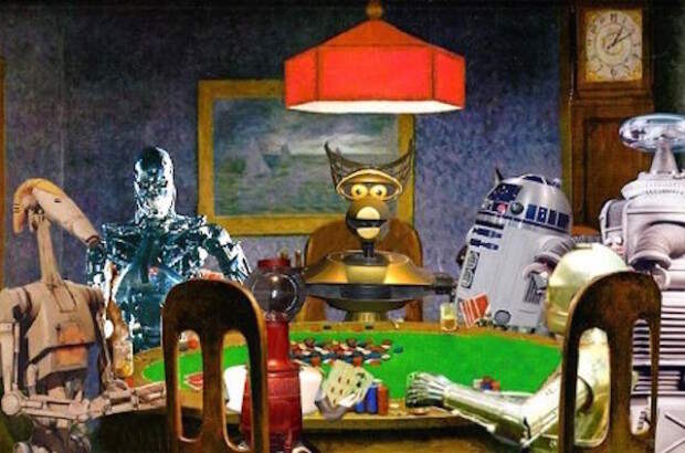 Коллаж из роботов за столом для покера