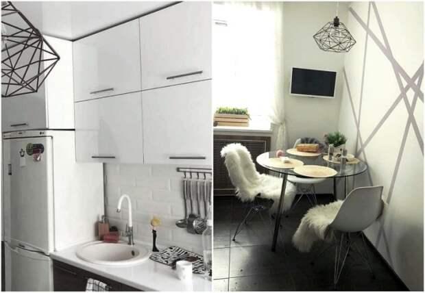 Белый цвет в тандеме с глянцевыми поверхностями помог визуально увеличить площадь миниатюрной кухни. | Фото: interesnoznat.com.