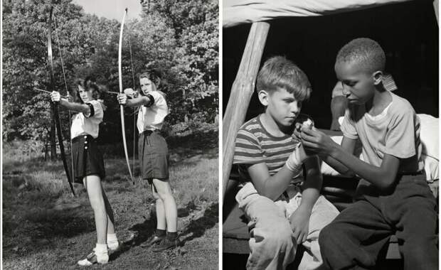 Девочки учатся стрелять из лука, 1944 г. Мальчик делает перевязку товарищу, который поранил руку. Лагерь Натана Хейла, Саутфилдс, август 1943 г. Девочки учатся стрелять из лука, 1944 г. Мальчик делает перевязку товарищу, который поранил руку. Лагерь Натана Хейла, Саутфилдс, август 1943 г. детский лагерь, жизнь в сша, как это было, лагерь отдыха, летние лагеря, летний отдых, старые снимки, старые фотографии