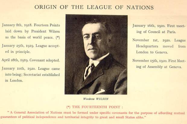 Памятные карточки с изображением американского президента Вильсона и Происхождение Лиги Наций 