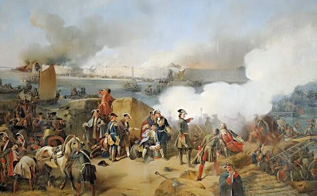 Осада крепости Нотебург 11 октября 1702 г. В центре изображён Пётр I., художник А. Е. Коцебу, 1846 год.
