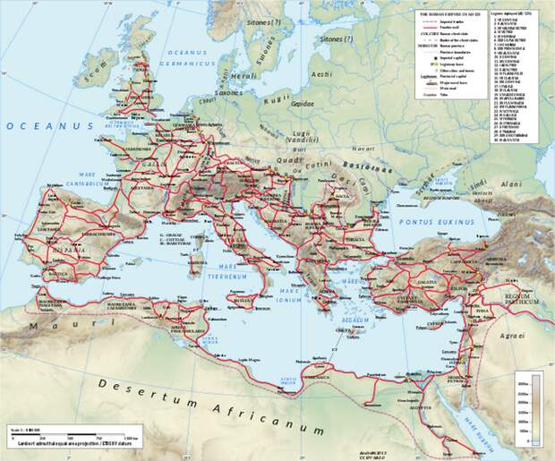 Красными линиями обозначены дороги, которыми были оборудованы провинции Римской империи. Фото: Википедия