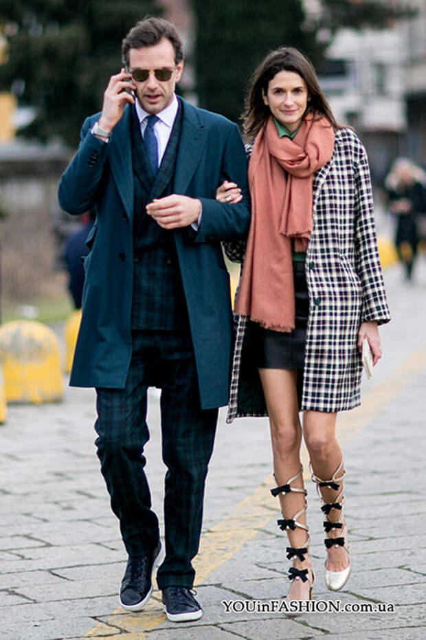 Неделя моды в Милане, уличный стиль, пальто в клетку