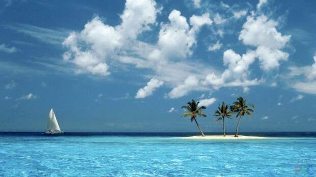 Парусник у песчаного острова с пальмами