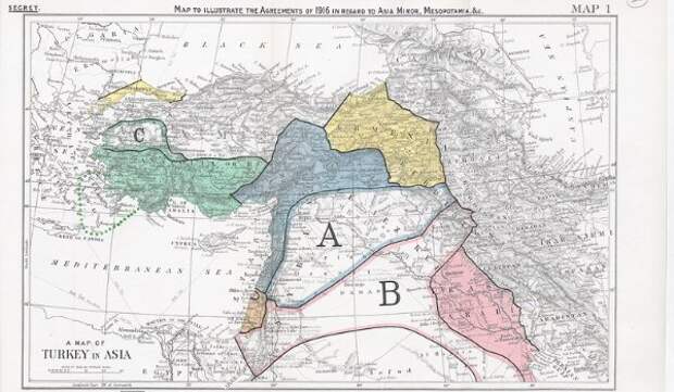 План разделения Турции по соглашению Сайкса-Пико на итальянскую (зелёная), французскую (синяя), британскую (красная) и российскую (жёлтая) сферы влияния.