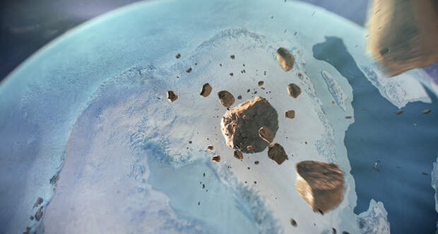 An artists illustration of incoming asteroids breaking up in Earth's atmosphere, as seen from Earth orbit