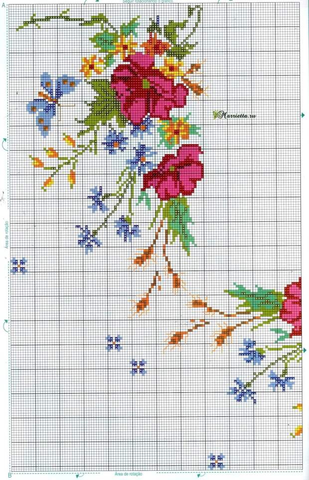 Цветы и бабочки на скатерти. Схема вышивки крестом (1)