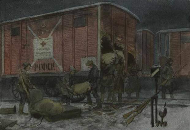 Ночное разграбление вагона с помощью от Красного креста (1922). Автор: Иван Владимиров. Ночное разграбление вагона с помощью от Красного креста (1922). Автор: Иван Владимиров.