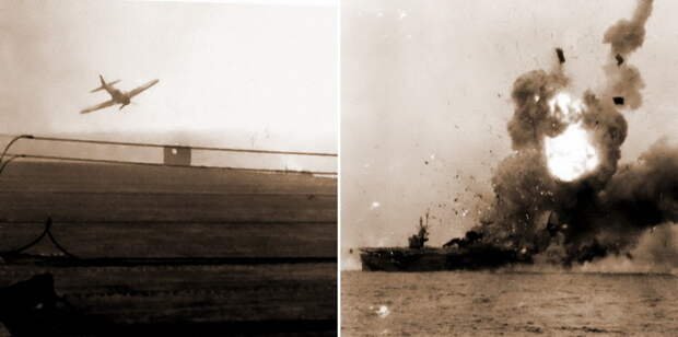 Слева «Зеро» завершает атаку на эскортный авианосец «Уайт Плейнс» у острова Самар. Лётчик немного промахнулся, но близким разрывом корабль все же был повреждён. Справа поражённый камикадзе эскортный авианосец «Сент Ло». Полчаса спустя корабль перевернулся и затонул. Оба снимка сделаны 25 октября 1944 года. - Цвета военного неба: камикадзе — «божественный ветер» отчаяния | Военно-исторический портал Warspot.ru