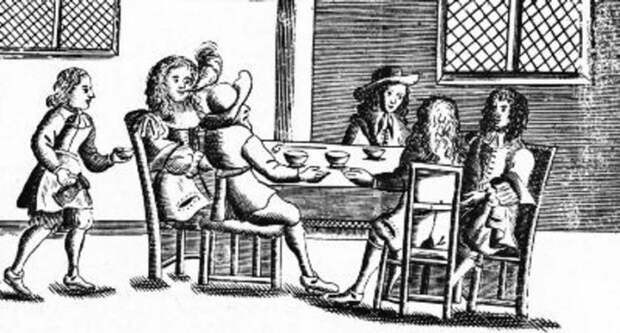 Английская кофейня. Гравюра XVII века.