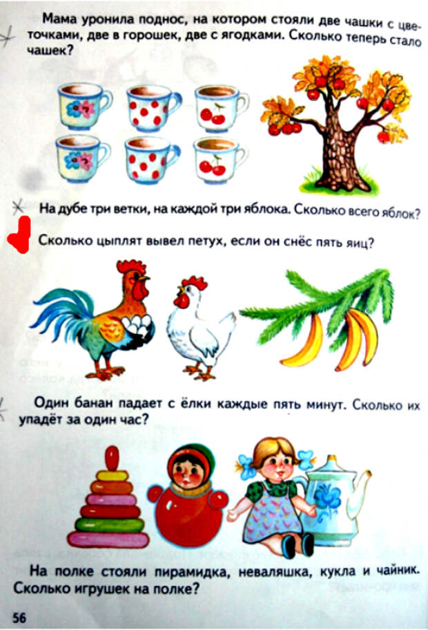 Яблоки на дубе, петух с цыплятами и бананы на елке.