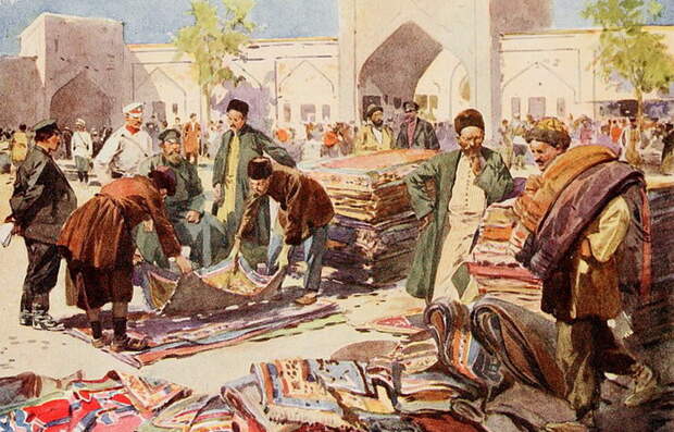 Ф. де Ханен. Рынок ковров в Астрахани. 1913. Источник: wikipedia.org