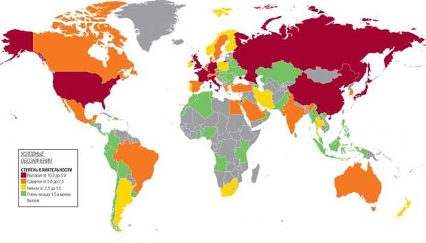 Самые влиятельные страны мира. Красное - самое высокое влияние, оранжевое - среднее, желтая - низкая, зеленая - очень низкая, серое опрос не проводился интересное, мир, факты, цифры