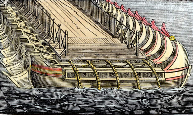Часть одного из двух ксерксовых мостов в представлении художника. По Геродоту, на суда набивали деревянный настил, поверх которого насыпали слой грунта / ©Alamy