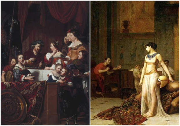 Слева направо: «Пир Антония и Клеопатры», Ян де Бре, 1669 год. \ «Клеопатра и Цезарь», картина художника Жана-Леона Жерома, 1866 год.