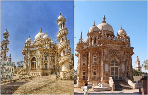 Главная структура мавзолея Bahauddin Ka Maqbara также может похвастаться невероятным смешением стилей (Джунагадх, Гуджарат).