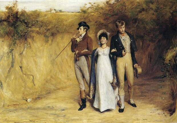 Эта девушка ведёт себя не очень прилично: держится за руку одновременно с двумя кавалерами. Картина Йона Петти.