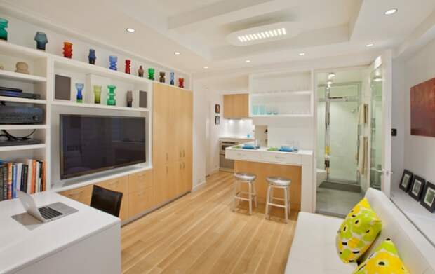 Гостиная, кухня и ванная в дизайне квартиры 40 кв м фото