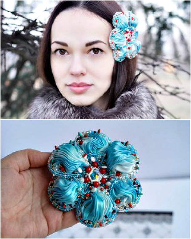 Заколка из лент шибори и бисера.