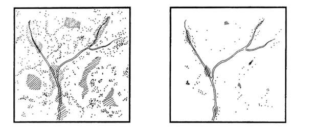 Рис.10. Не всякий лес - местообитание. То же верно для луга, поля или болота. Примечание. Принципиальные различия в распространении «пятен» лиственного леса (в таёжной зоне связанного с «окнами» нарушений в основном хвойном покрове) при естественной динамике лесного ландшафта (слева) и в эксплуатируемом лесу (справа). В природном ландшафте мелколиственный компонент встречается в виде примеси (отдельных деревьев или групп деревьев – точки), как преходящая стадия сукцессии (заштрихованные участки), как стабильные сети и полосы сырых лесов, протягивающихся вдоль водотоков. Источник Angelstam, Mikusinski, 1994.