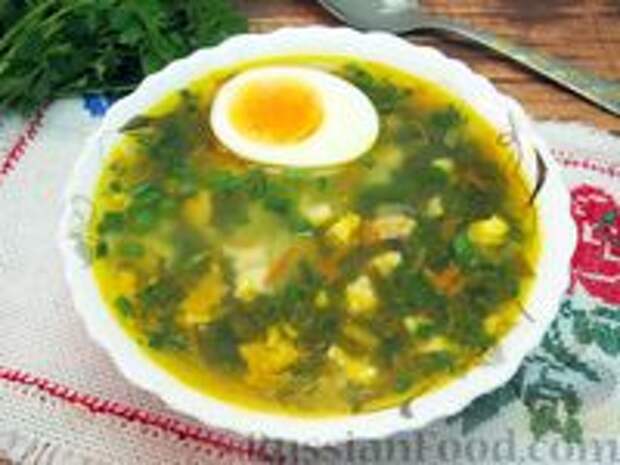 Фото к рецепту: Зелёный борщ со щавелем и мясом индейки