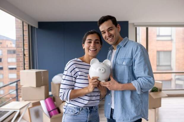 Two people holding a piggy bank together.