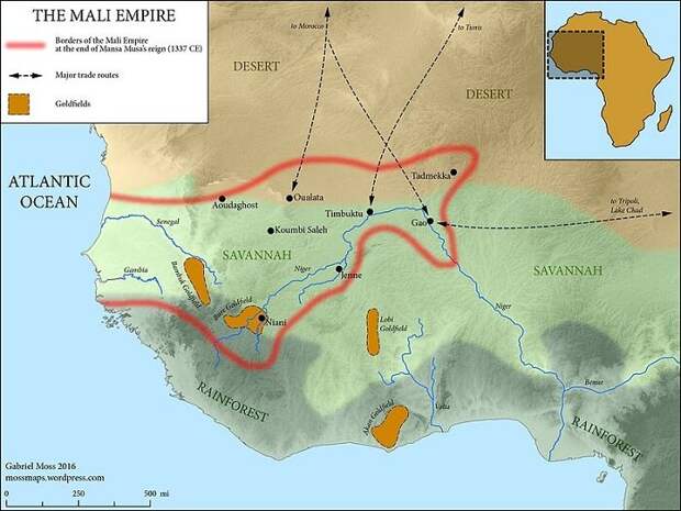 Территория правления манса Муса в XIV веке. | Фото: commons.wikimedia.org.